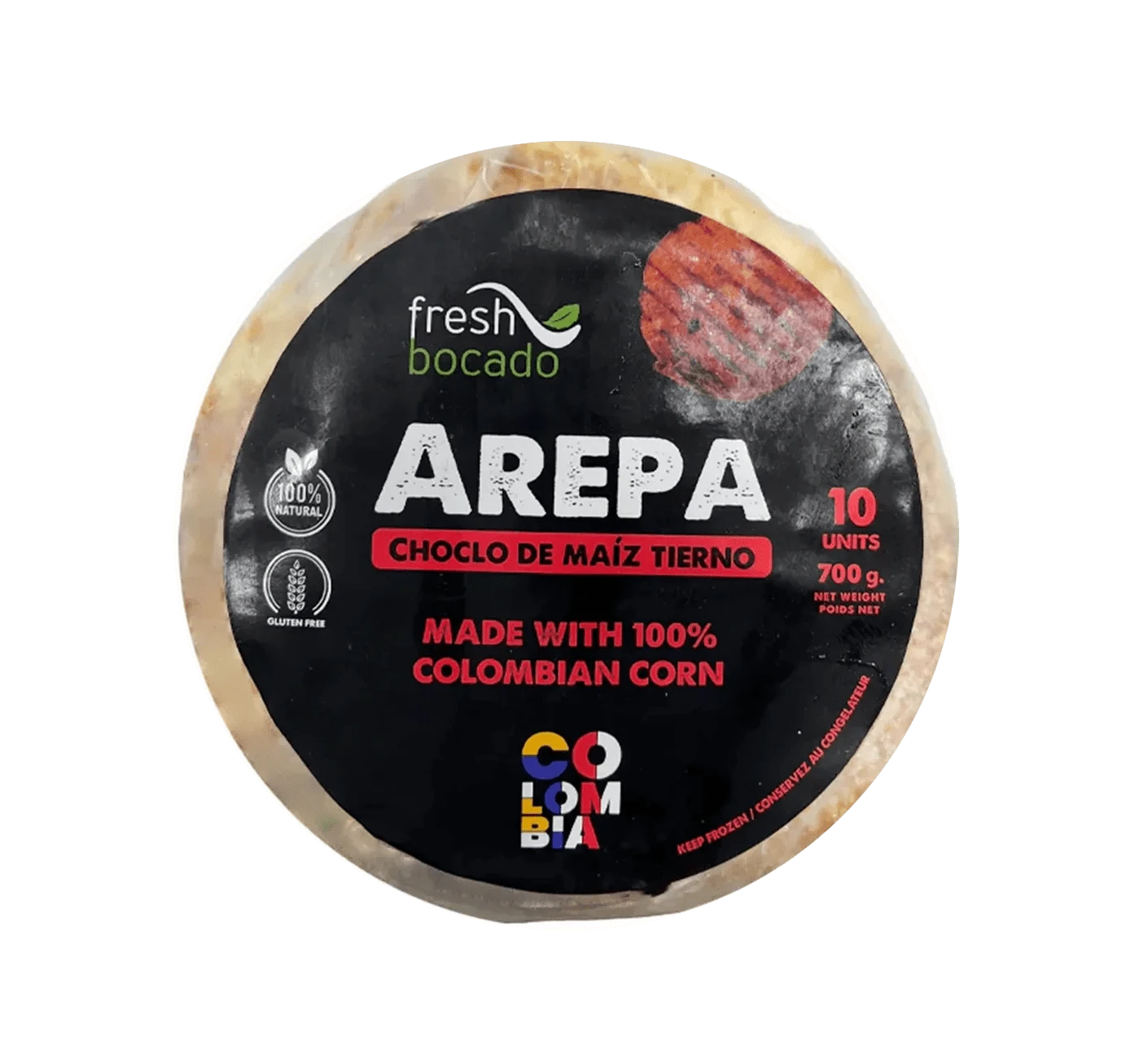 Package of Fresh Bocado Sweet Corn Arepas, Uncooked corn arepas, Flat corn cakes ready to grill