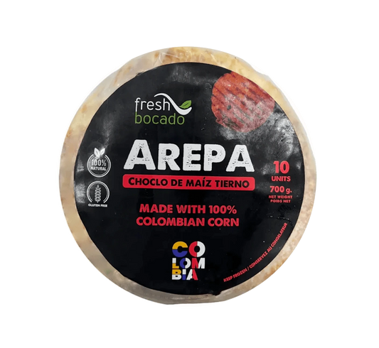 Package of Fresh Bocado Sweet Corn Arepas, Uncooked corn arepas, Flat corn cakes ready to grill