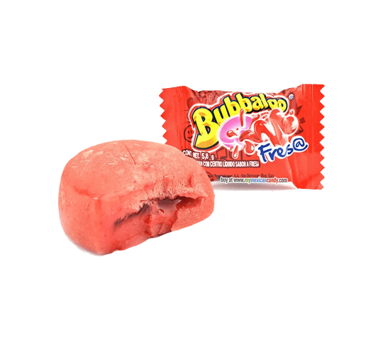 Single piece of Bubbaloo strawberry bubble gum.
