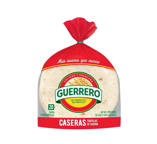 Package of Caseras Fajita Flour Tortillas, Soft flour tortillas for fajitas, Ready-to-use flour tortillas