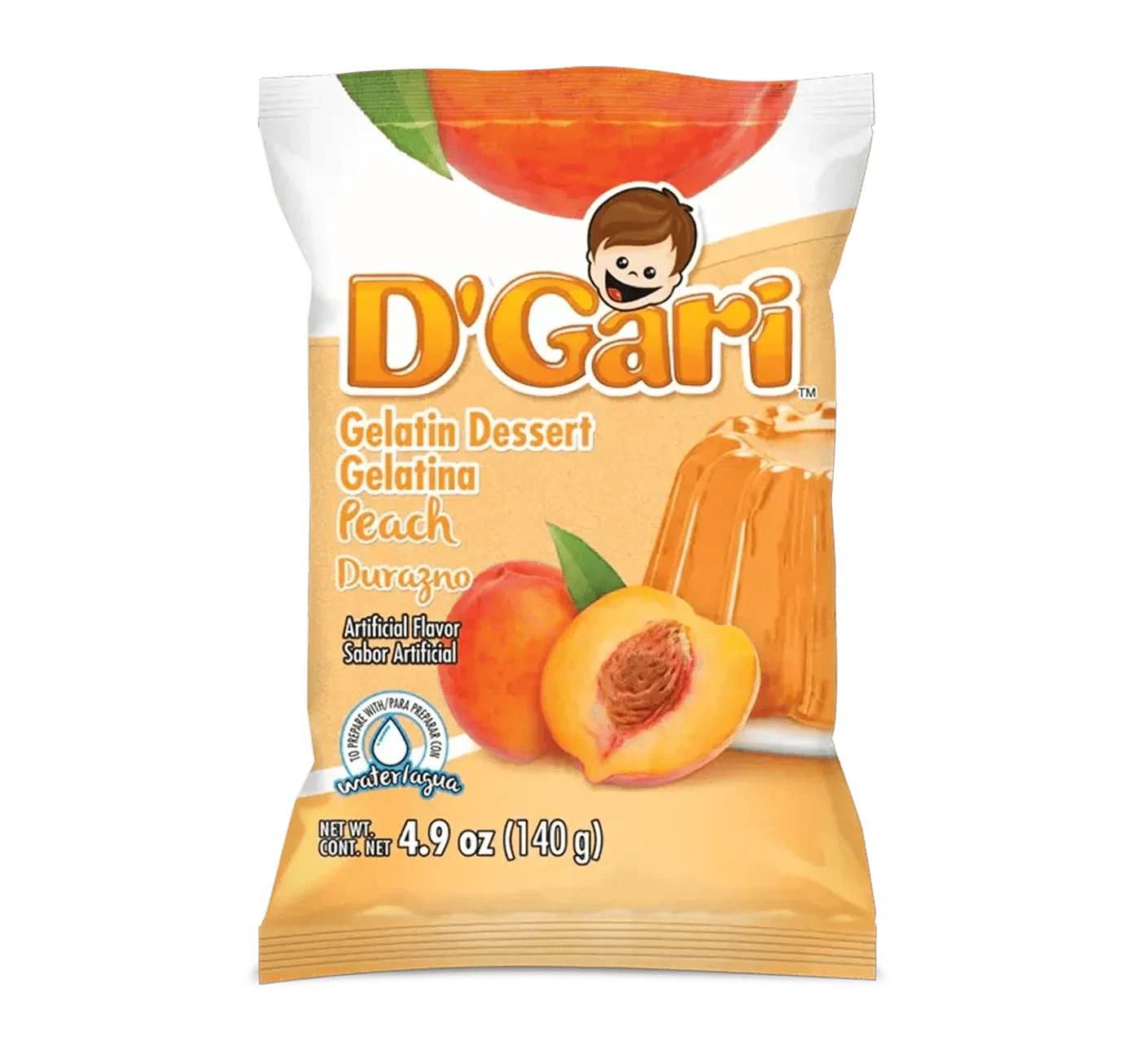 Bag of D'Gari P Gelatin, orange gelatin powder, Peach flavored dessert mixach