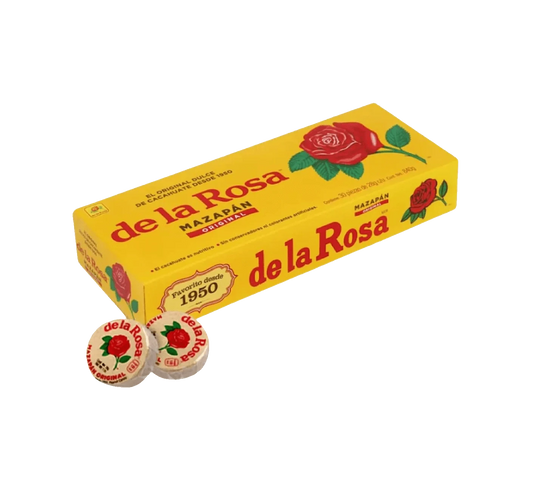 Box of De La Rosa Mazapan peanut candies.
