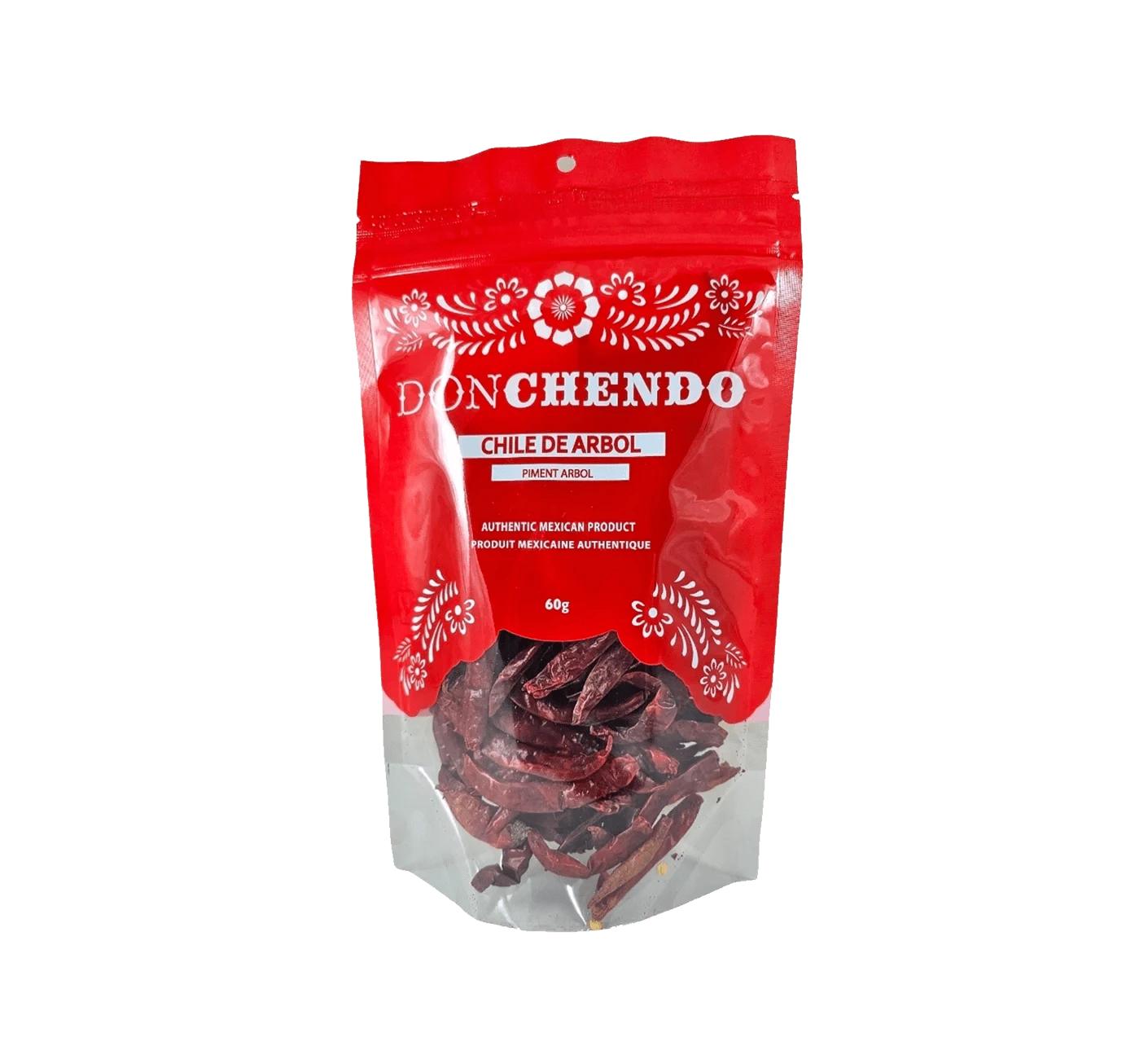 One pound bag of Don Chendo dried Arbol chili peppers.