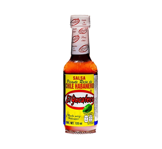 Bottle of El Yucateco Salsa Roja, Red habanero sauce from Mexico, Spicy tomato-based hot sauce