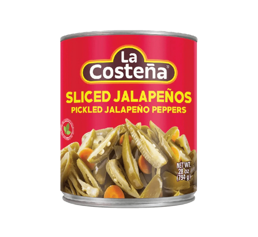 Jar of La Costena Sliced Jalapenos, Sliced green peppers in brine, Spicy pickled jalapeños