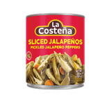 Jar of La Costena Sliced Jalapenos, Sliced green peppers in brine, Spicy pickled jalapeños