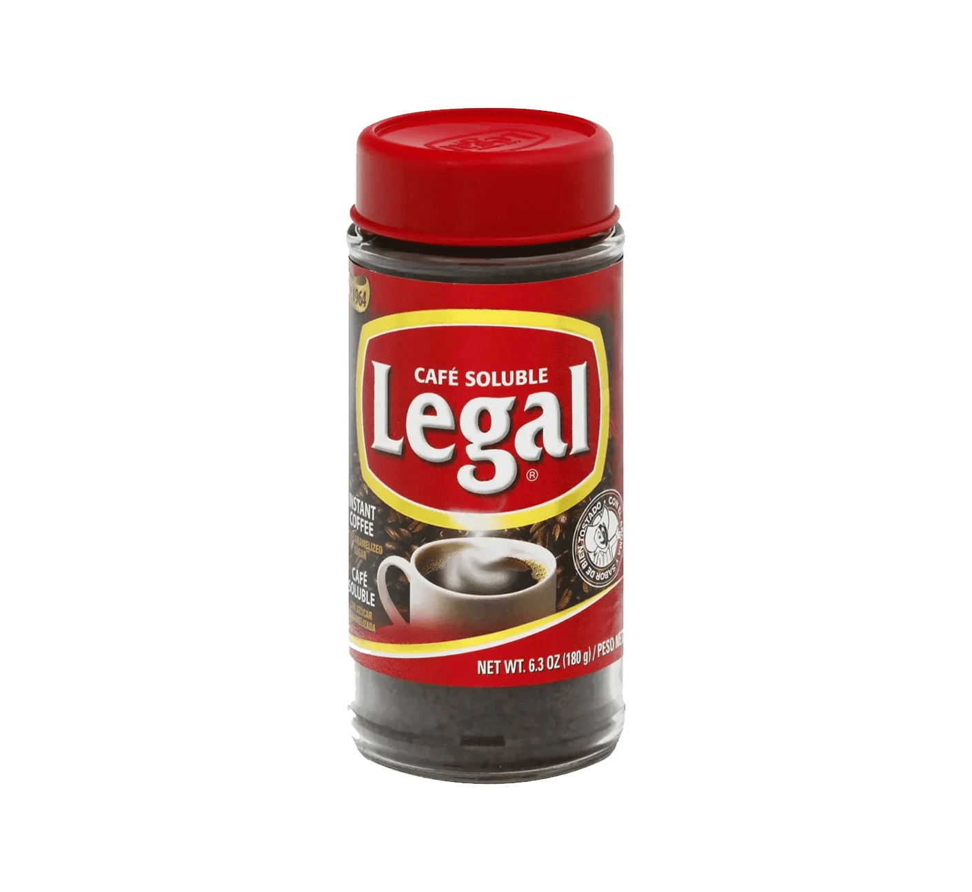 Jar of Legal instant coffee granules.