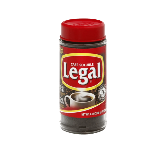 Jar of Legal instant coffee granules.