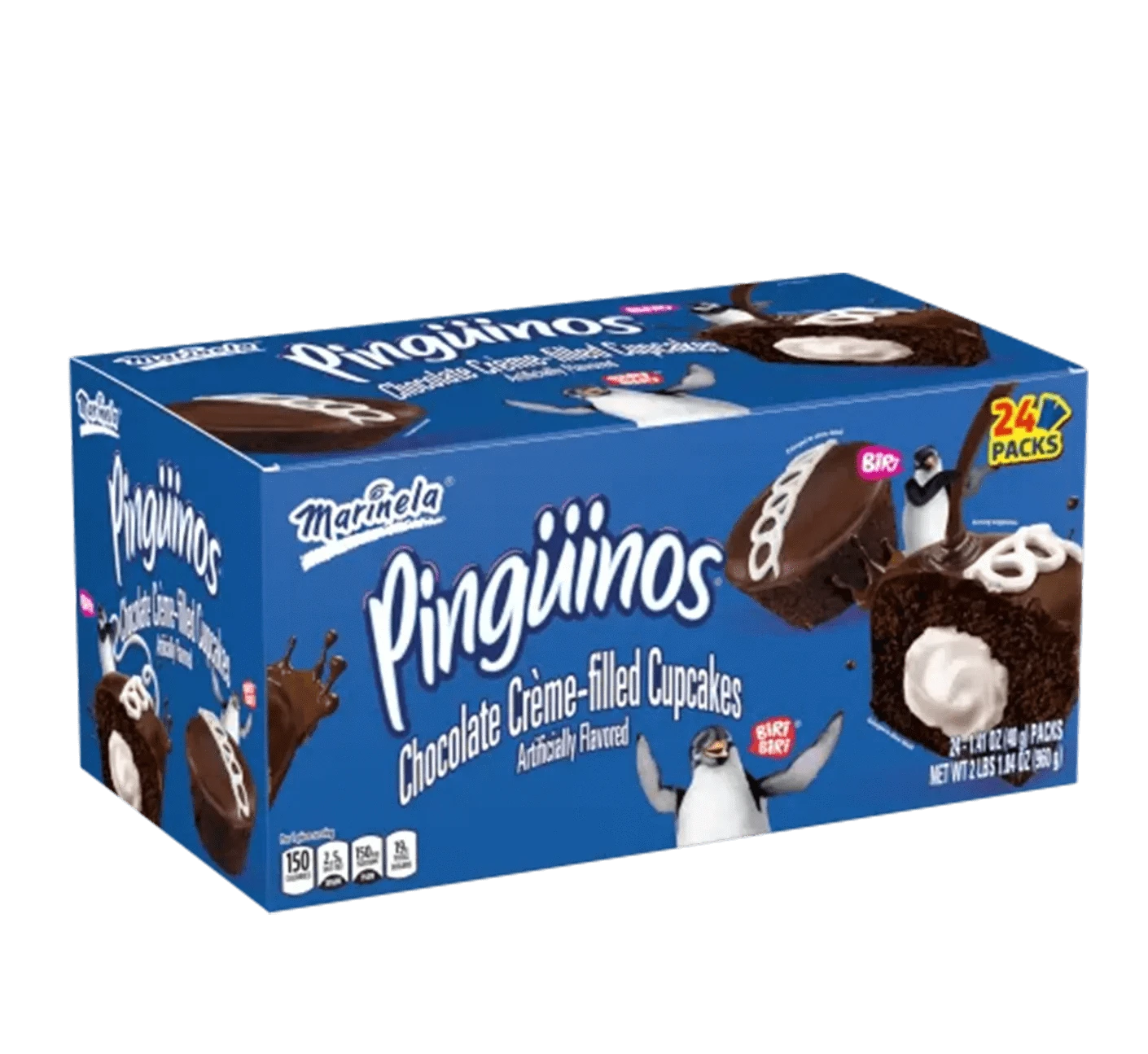 Box of 24 individual packages of Marinela Pinguinos snack cakes.