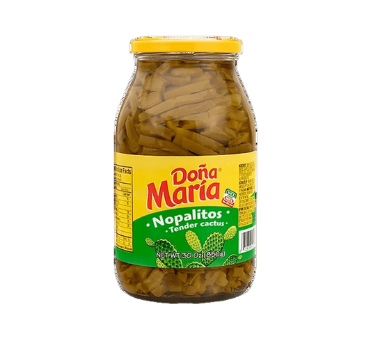 Can of Doña María Nopalitos, Sliced cactus pads in brine, Close-up of canned nopalitos