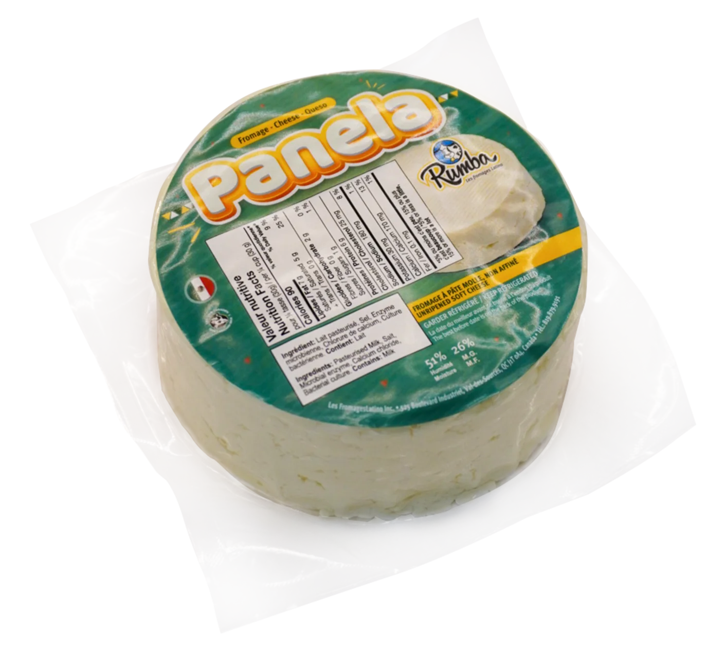 Block of Rumba Panela Cheese, Fresh white panela cheese, Panela cheese for grilling