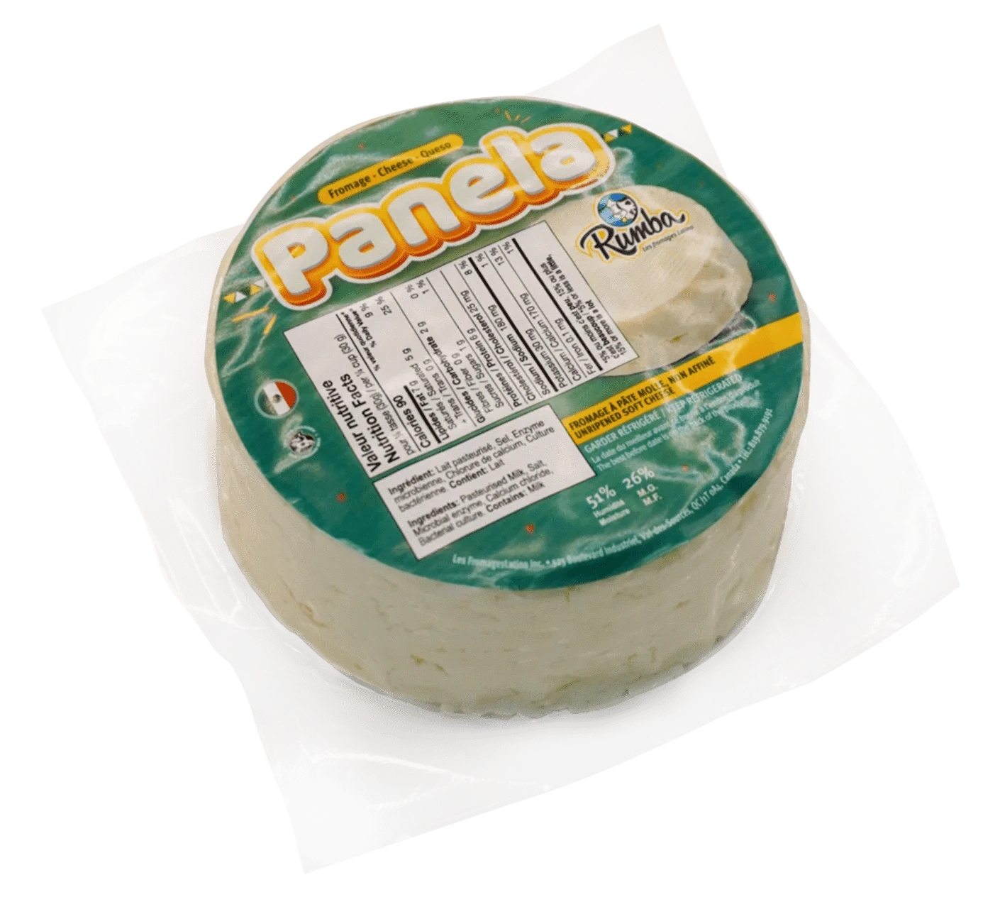 Block of Rumba Panela Cheese, Fresh white panela cheese, Panela cheese for grilling