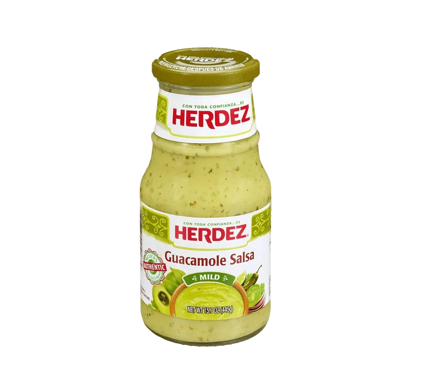 Jar of Herdez Guacamole Salsa, Creamy green avocado salsa, Pourable guacamole dip