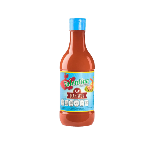 Bottle of Valentina Mariscos Hot Sauce, Red hot sauce for seafood, Spicy sauce with seafood label
