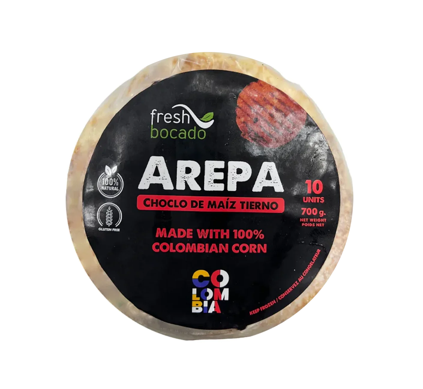 Package of Fresh Bocado Sweet Corn Arepas, Uncooked corn arepas, Flat corn cakes ready to grill