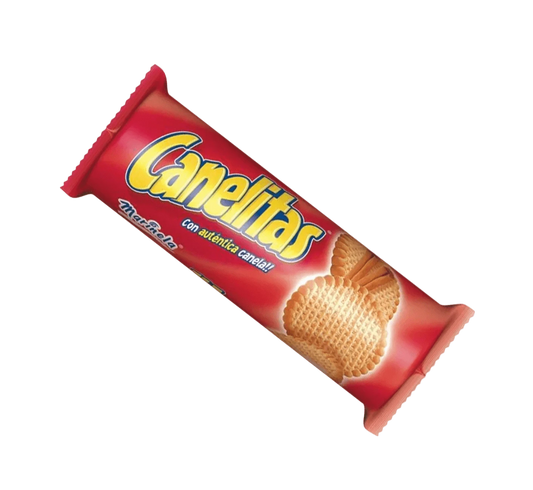 Tube of Canelitas cookies, Crispy cinnamon rolled cookies, Sweet cinnamon biscuits