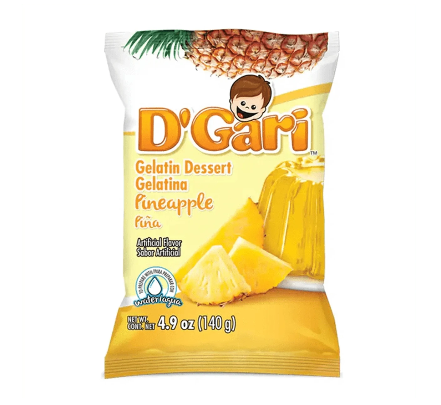 Box of D'Gari Pineapple Gelatin, Yellow gelatin powder, Pineapple flavored dessert mix
