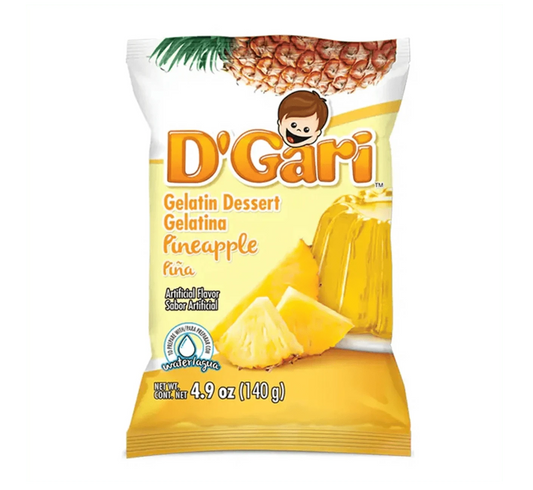 Box of D'Gari Pineapple Gelatin, Yellow gelatin powder, Pineapple flavored dessert mix