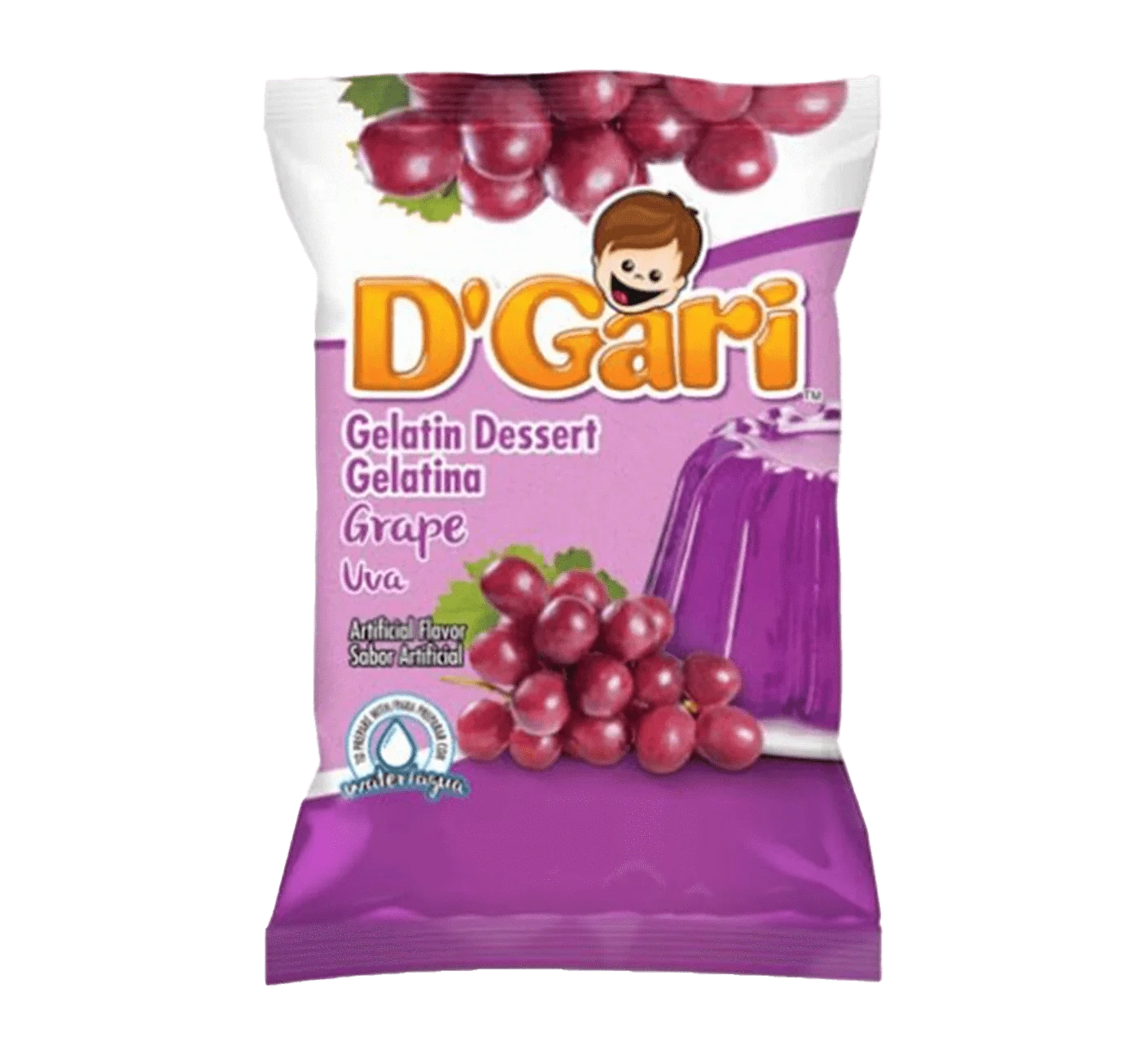 Bag of D'Gari grape Gelatin, gelatin powder, grape flavored dessert mix