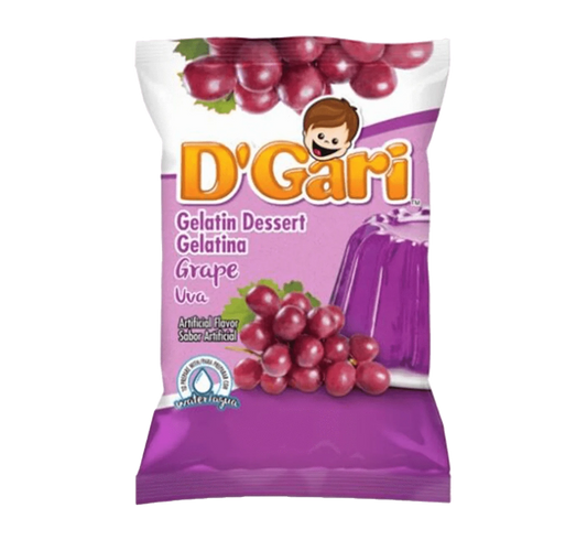 Bag of D'Gari grape Gelatin, gelatin powder, grape flavored dessert mix