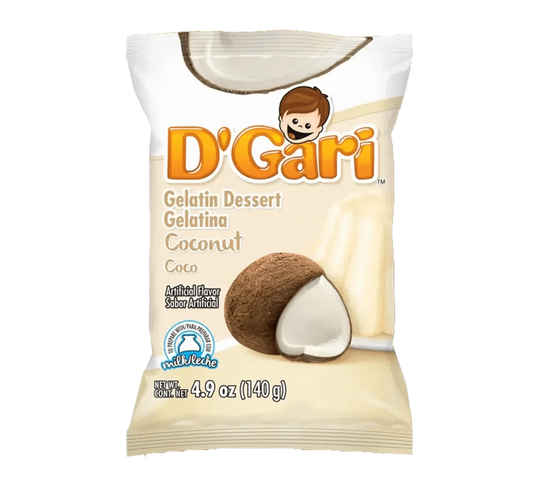 Bag of D'Gari CoconutGelatin, white gelatin powder, Coconut flavored dessert mix