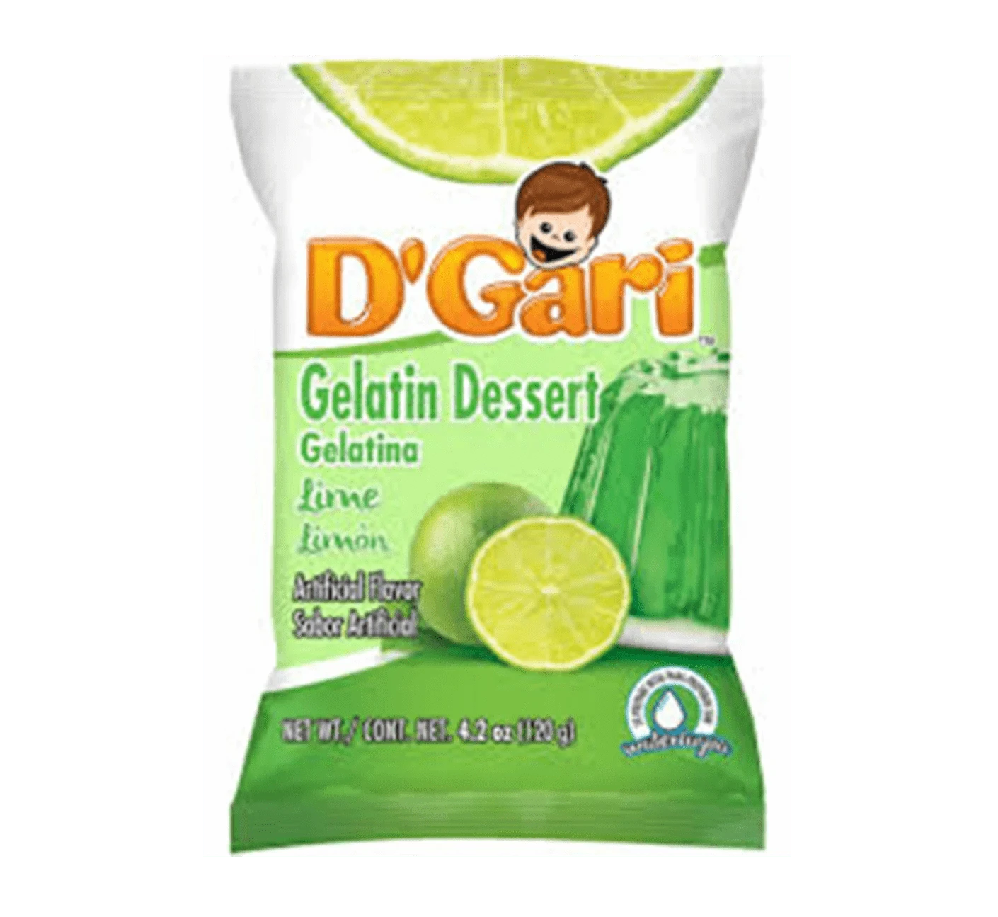 Bag of D'Gari Lime Gelatin, Green gelatin powder, Lime flavored dessert mix