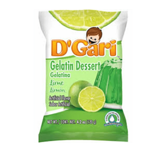 Bag of D'Gari Lime Gelatin, Green gelatin powder, Lime flavored dessert mix