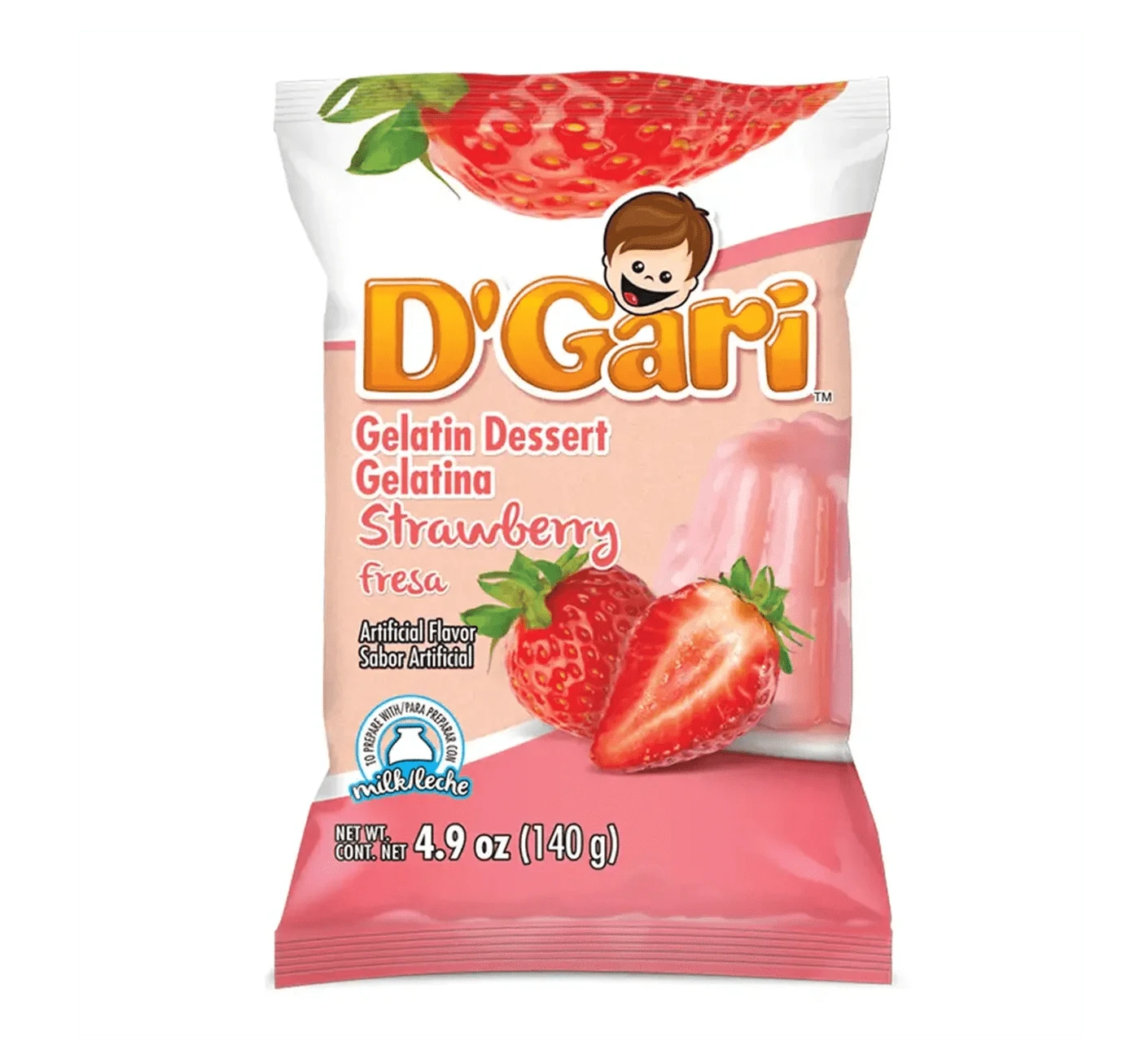 Bag of D'Gari Strawberry Gelatin, Red gelatin powder, Strawberry flavored dessert mix