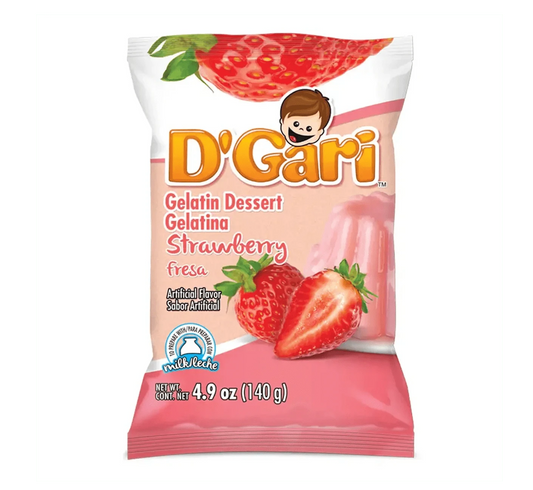 Bag of D'Gari Strawberry Gelatin, Red gelatin powder, Strawberry flavored dessert mix