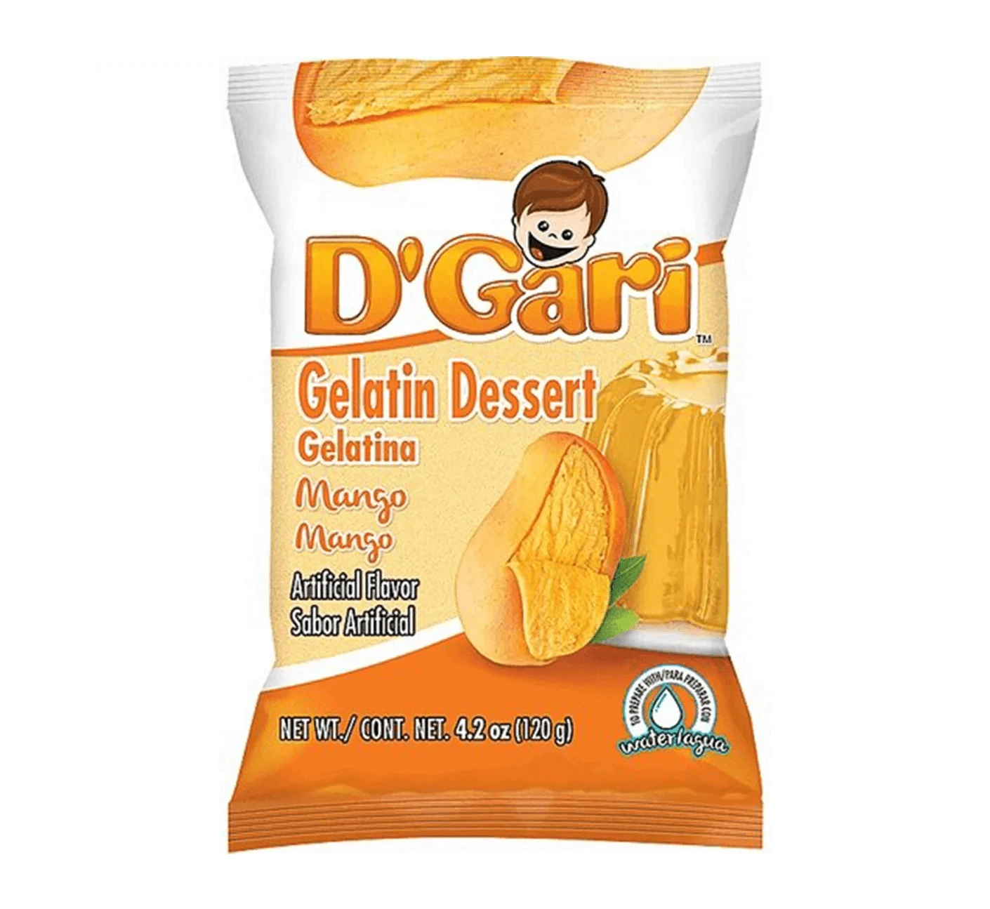 Bag of D'Gari Mango Gelatin, Yellow gelatin powder, Mango flavored dessert mix