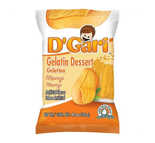 Bag of D'Gari Mango Gelatin, Yellow gelatin powder, Mango flavored dessert mix
