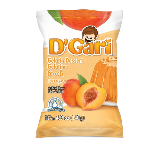 Bag of D'Gari P Gelatin, orange gelatin powder, Peach flavored dessert mixach