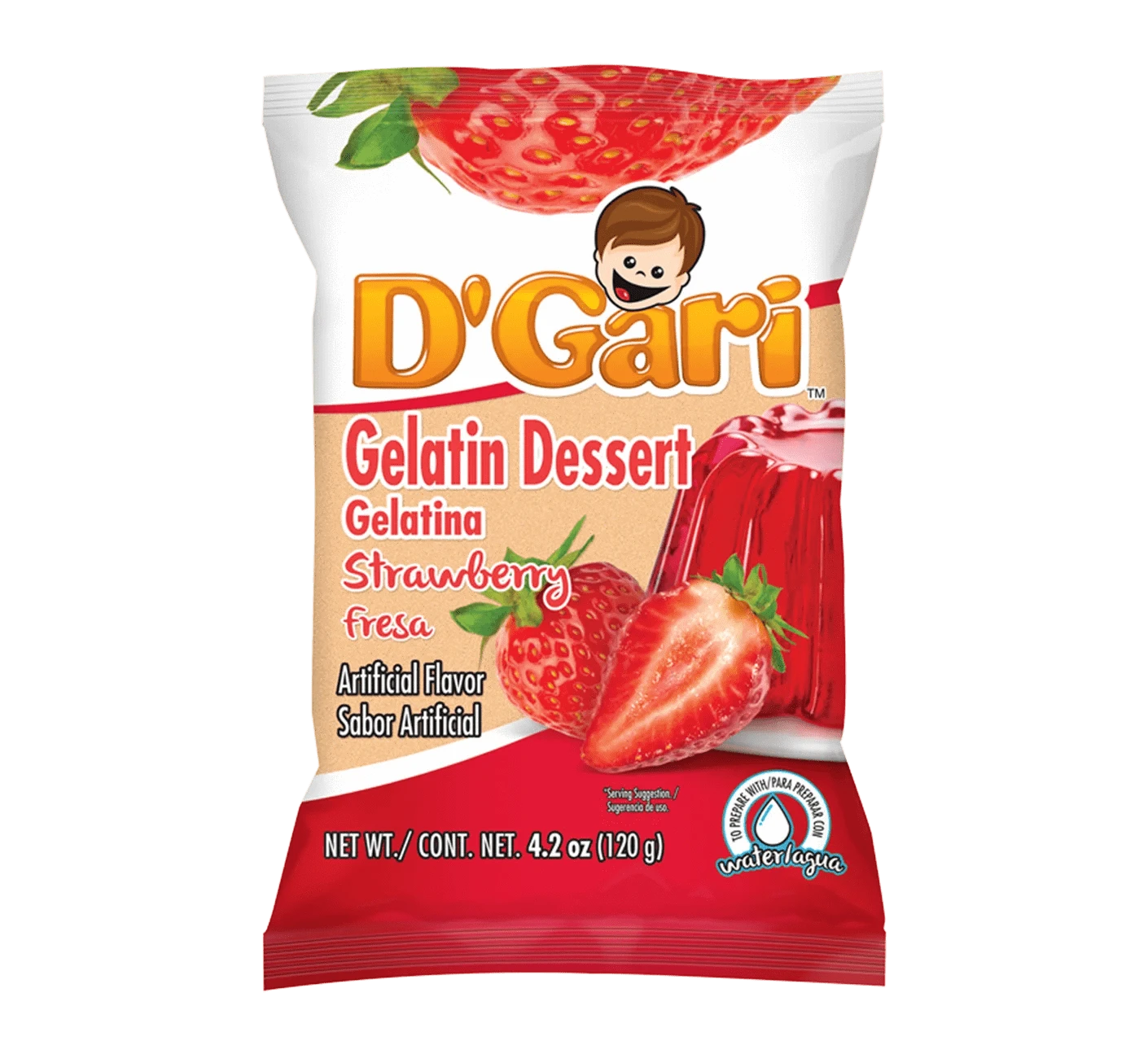 Bag of D'Gari Strawberry Gelatin, Red gelatin powder, Strawberry flavored dessert mix