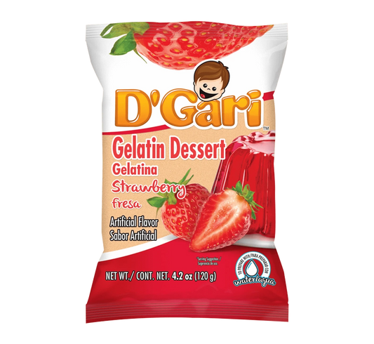 Bag of D'Gari Strawberry Gelatin, Red gelatin powder, Strawberry flavored dessert mix