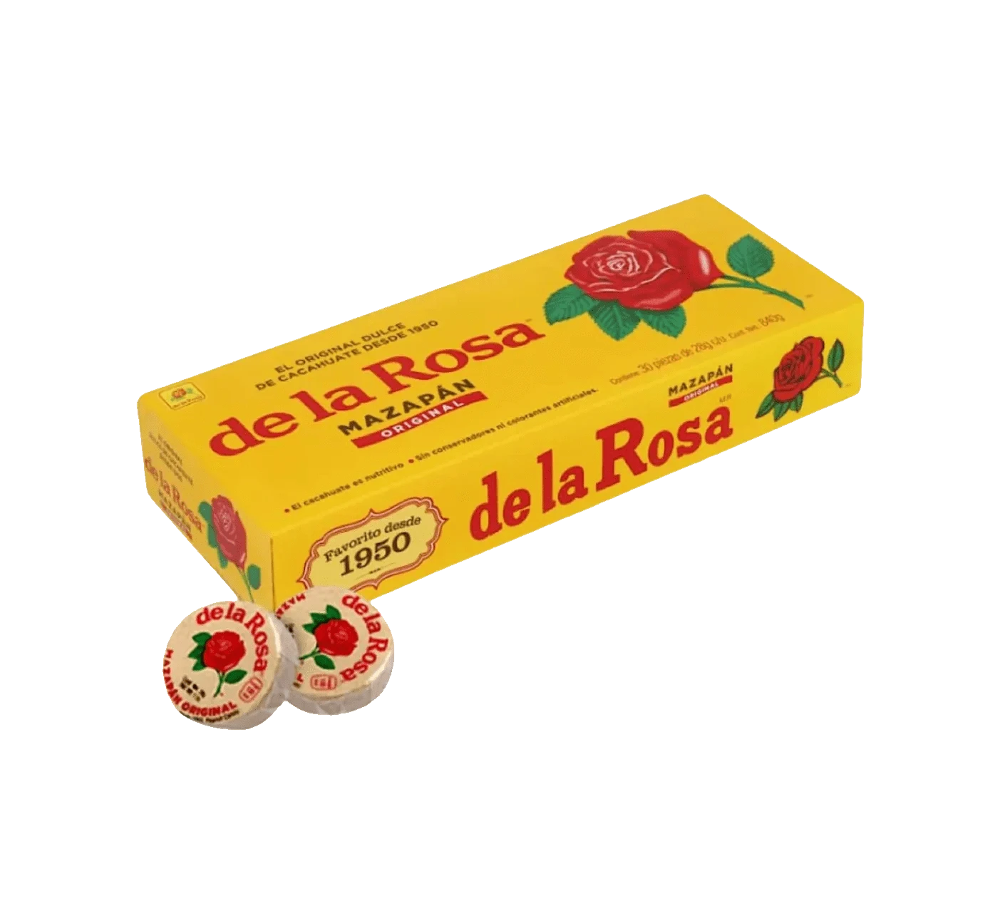 Box of De La Rosa Mazapan peanut candies.