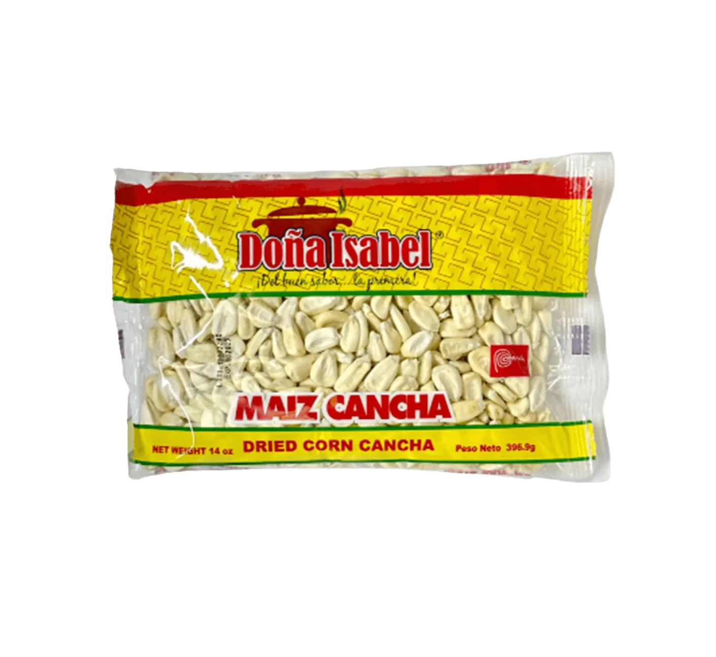 Bag of Doña Isabel Maiz Cancha, Large roasted corn kernels, Crunchy Peruvian corn snack