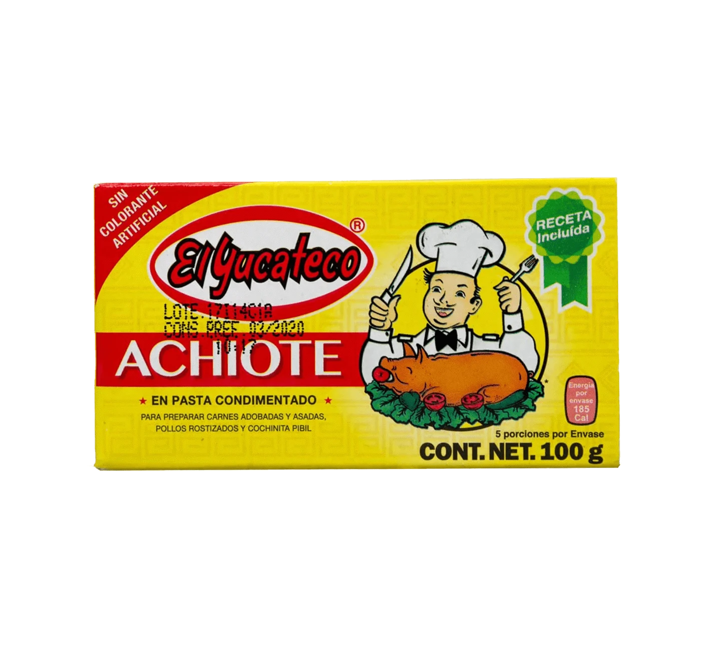 Package of El Yucateco Achiote Paste, Red cooking paste, Annatto seasoning block