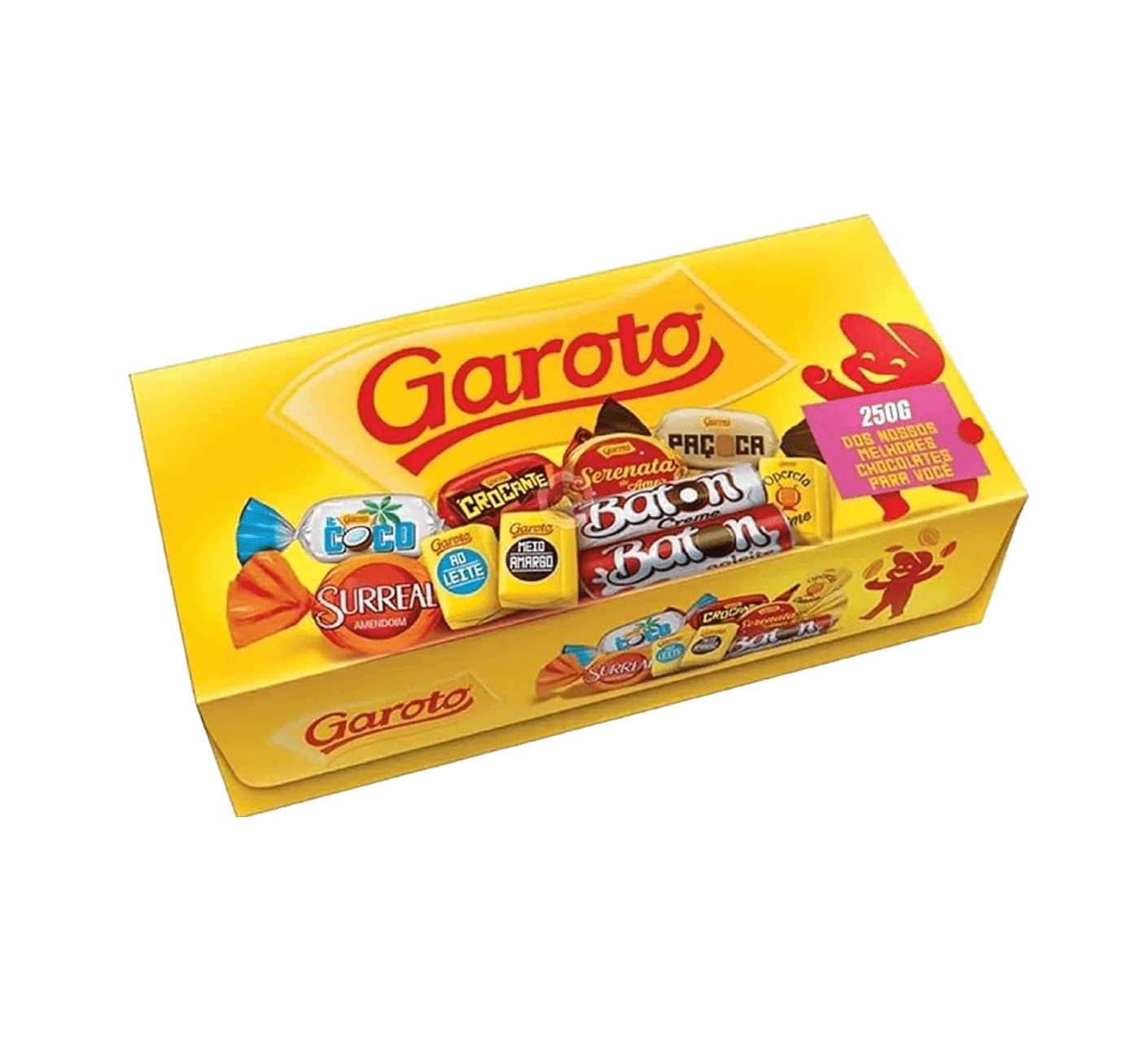 Bag of assorted Brazilian chocolates, including milk and dark varieties.