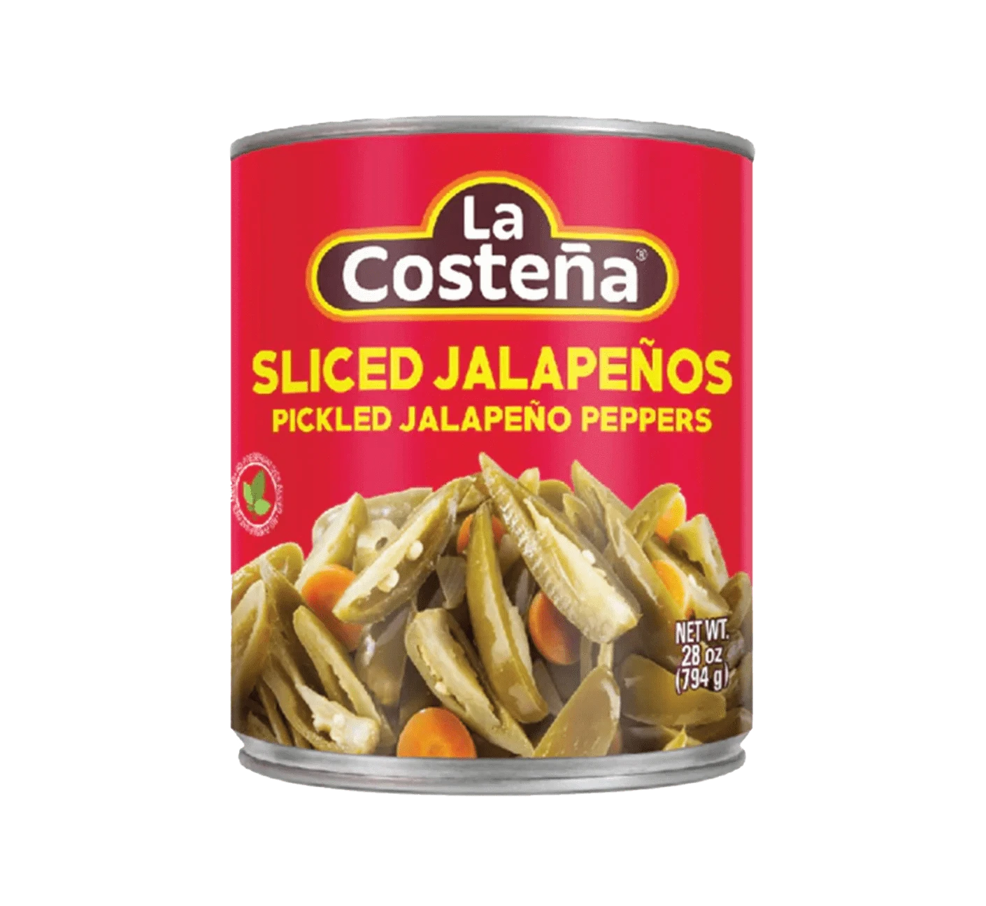 Jar of La Costena Sliced Jalapenos, Sliced green peppers in brine, Spicy pickled jalapeños