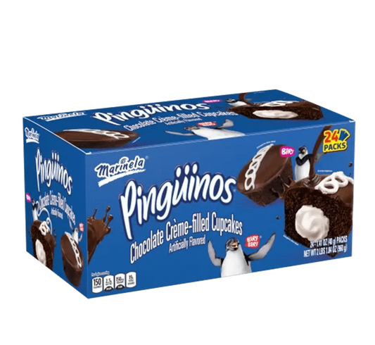 Box of 24 individual packages of Marinela Pinguinos snack cakes.