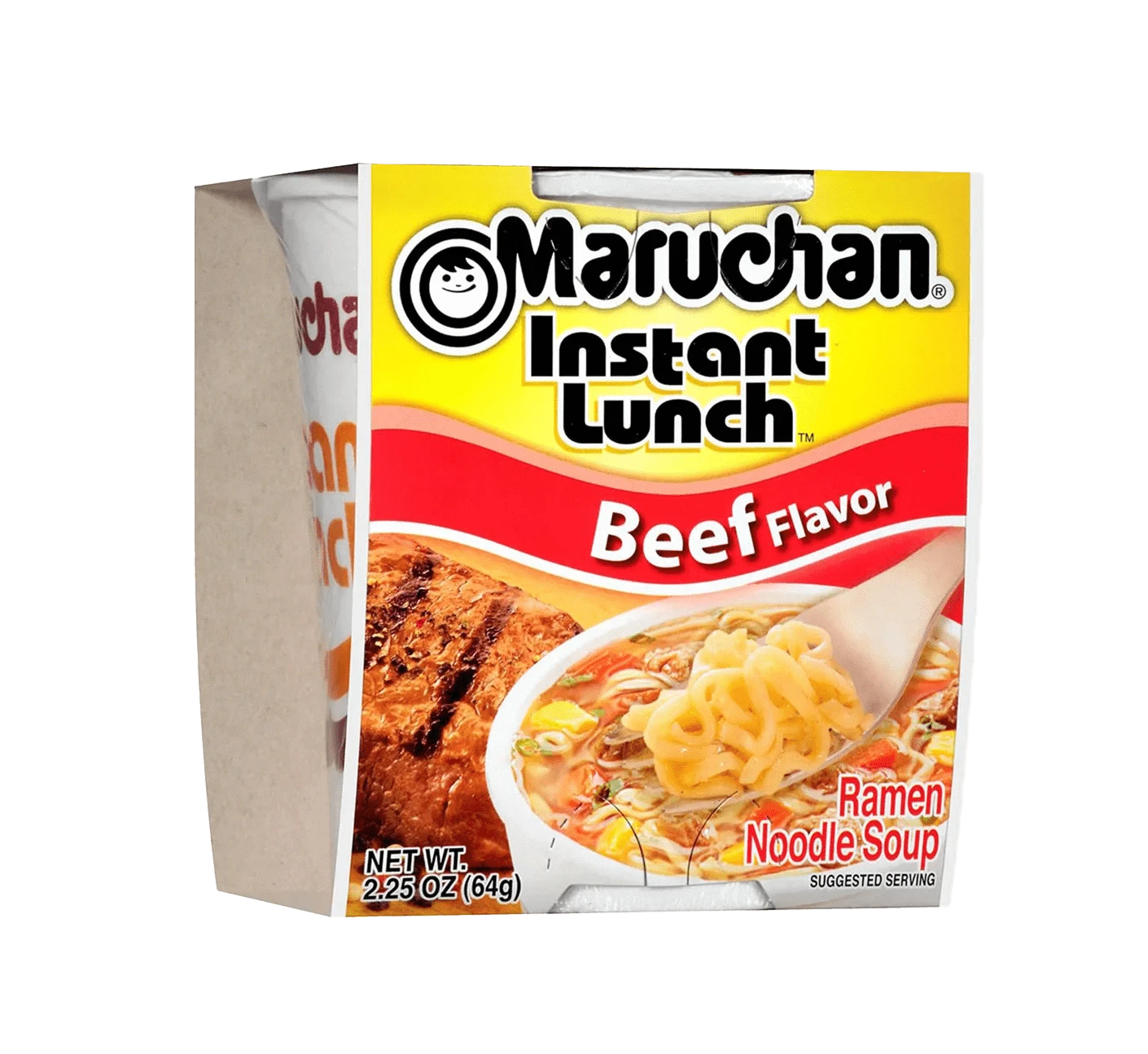 Single 2.25oz package of Maruchan beef flavor ramen noodle soup.