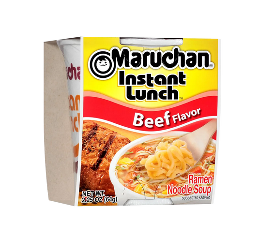 Single 2.25oz package of Maruchan beef flavor ramen noodle soup.