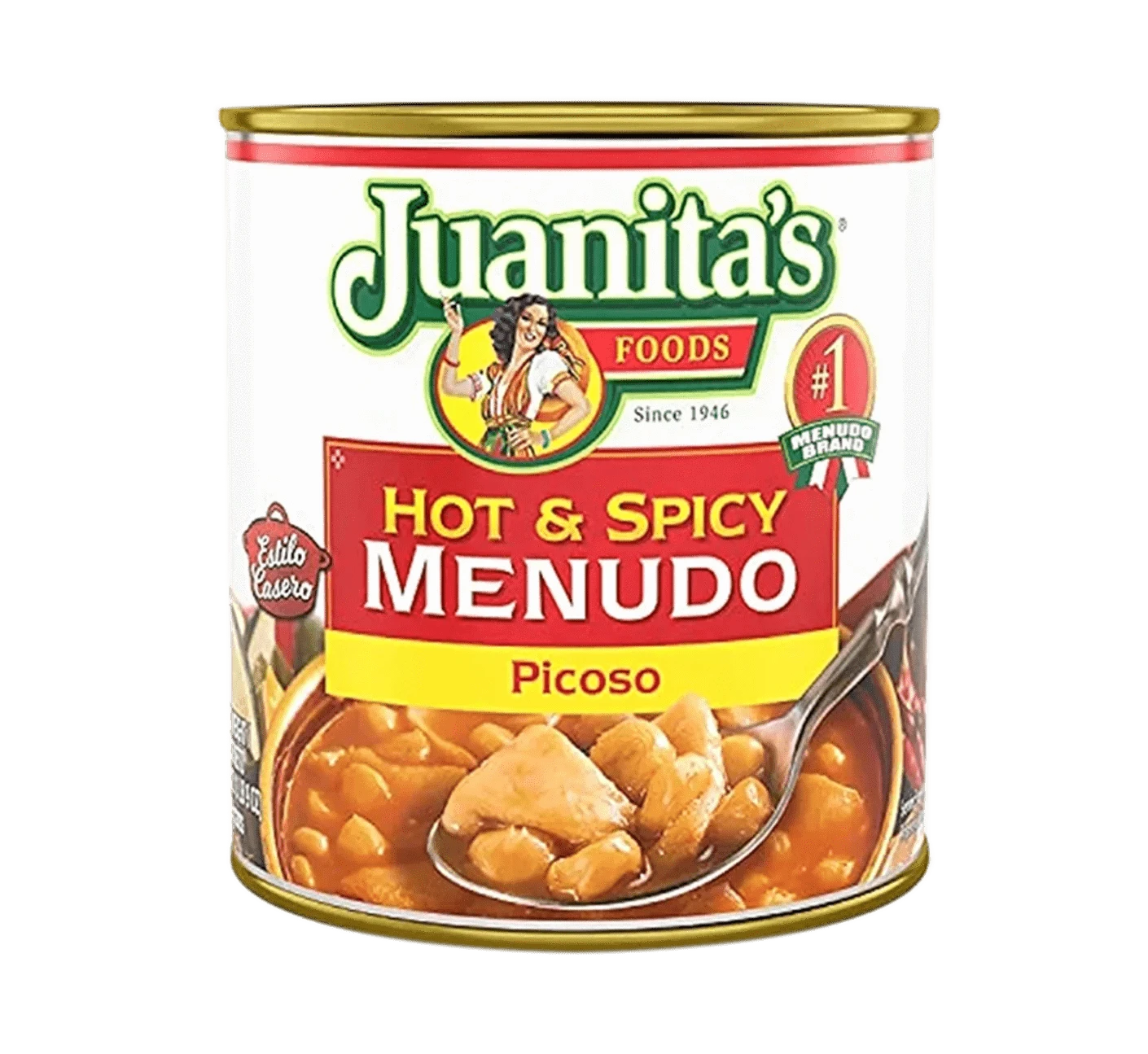 Can of Juanita's Hot & Spicy Menudo, Spicy tripe soup with hominy, Traditional Mexican menudo in a can