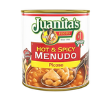 Can of Juanita's Hot & Spicy Menudo, Spicy tripe soup with hominy, Traditional Mexican menudo in a can