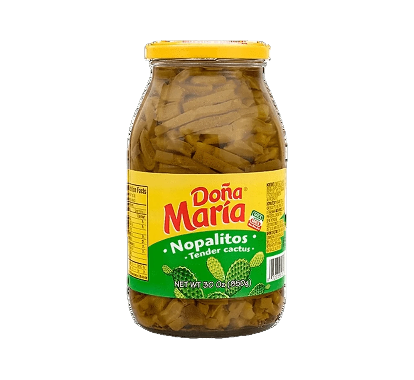 Can of Doña María Nopalitos, Sliced cactus pads in brine, Close-up of canned nopalitos