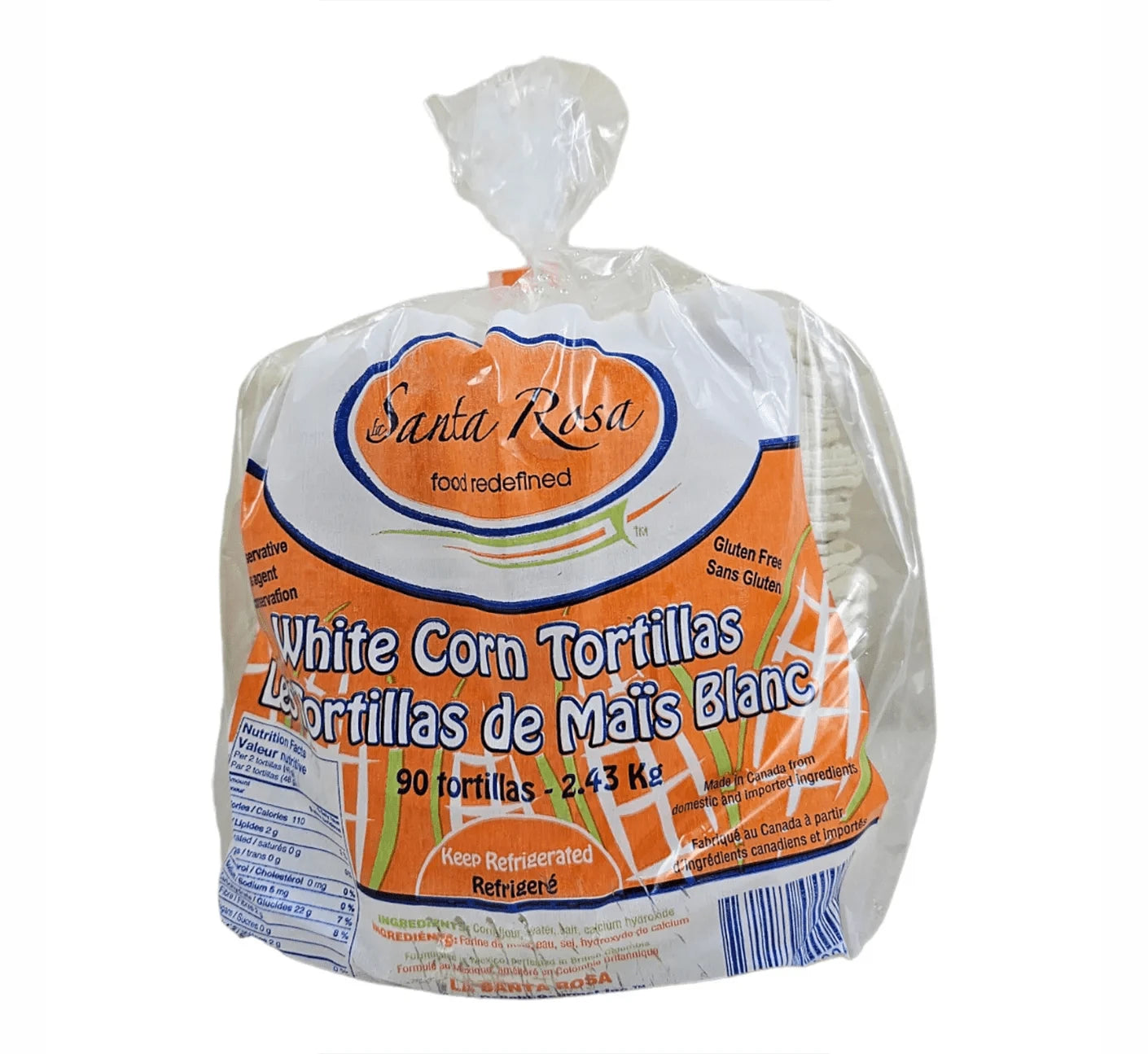 Package of Santa Rosa white corn tortillas.