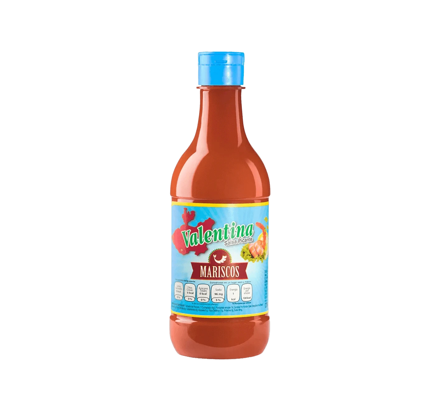 Bottle of Valentina Mariscos Hot Sauce, Red hot sauce for seafood, Spicy sauce with seafood label